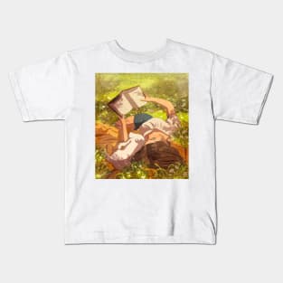 Girl reading book with cat laying on grass Kids T-Shirt